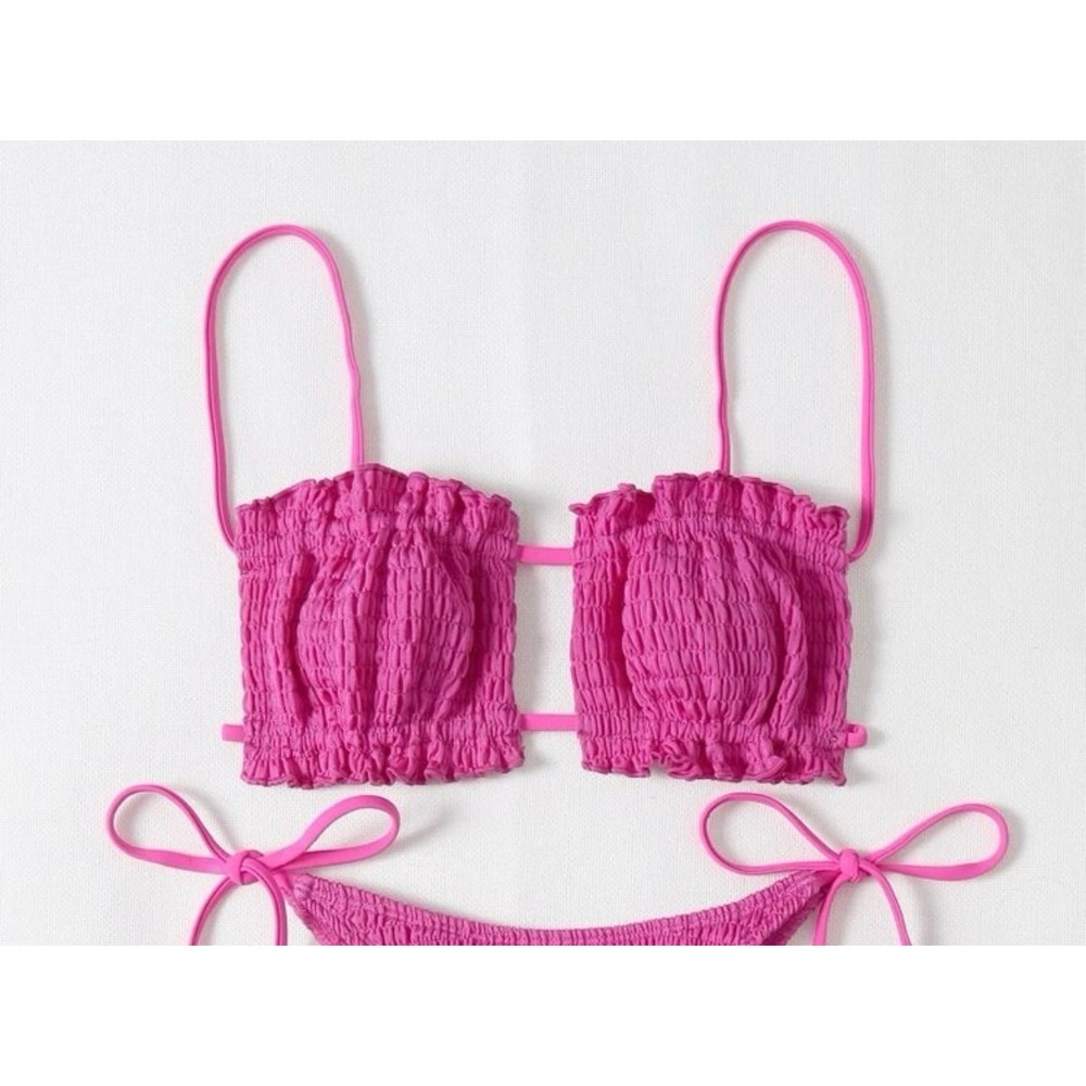 Hot Pink Smocked Bikini Top Ruffle Trim Swimsuit Large Pink